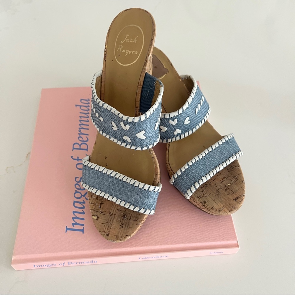 Jack Rogers Wedge Sandals Ella Cork Double Strap Coastal Blue and White Size 10 - Picture 3 of 16